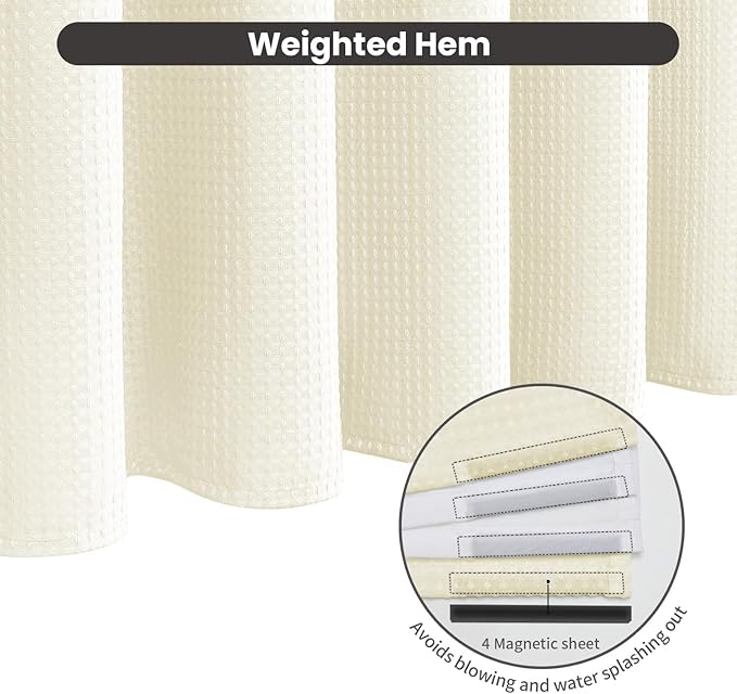 Inhousolu No Hook Waffle Weave Shower Curtain with Removable Snap in Fabric Liner Set for Bathroom, 230 GSM Heavy Duty Weighted Hem, Water Repellent Washable Bath Curtains, 72 x 72 Inch, Ivory