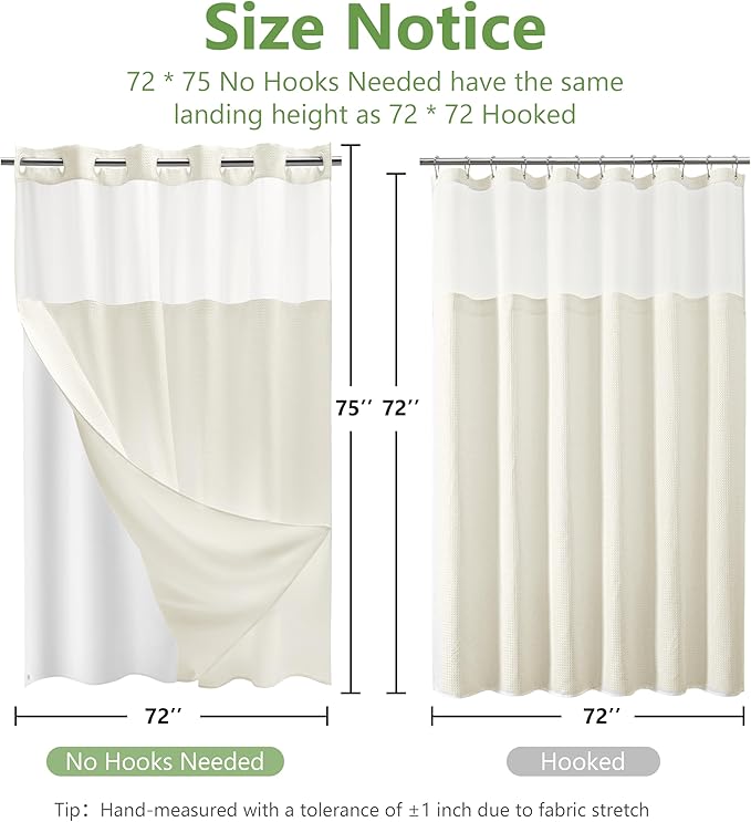 No Hook Waffle Weave Shower Curtain Set with Snap-in Fabric Liner and Mesh Top Window,256GSM Heavy Duty Fabric,Cream Washable Luxury Shower Curtain for Bathroom Stalls (72x75 Inch)