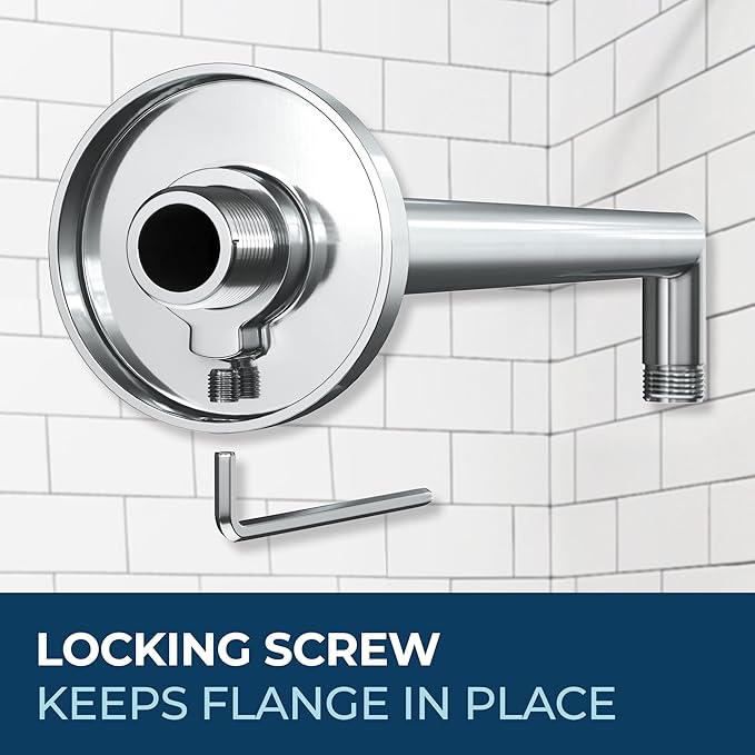 HammerHead Showers® Solid Metal 16 Inch Extended Shower Arm and Flange with Set Screw, Long Shower Arm, Extends Rain Shower Overhead, Wall-Mounted Rain Shower Arm, Chrome