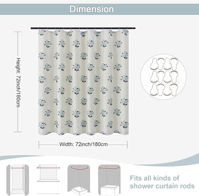 ORTIGIA Linen Blue Shower Curtains for Bathroom Boho Farmhouse Block Print Shower Curtain Set with Metal Hooks Floral Waterproof Aesthetic Rustic Fabric Bath Curtain for Home, Weighted, 72x72