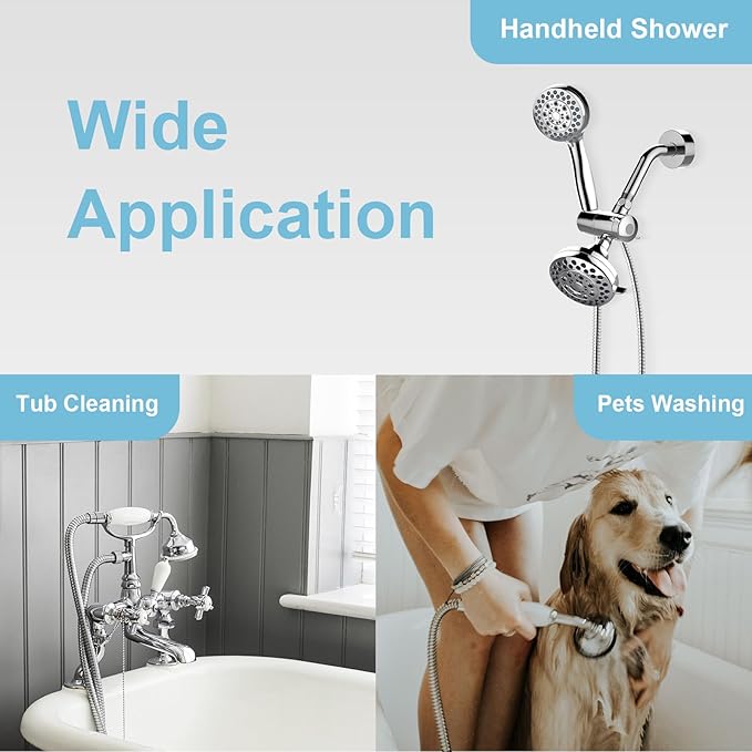 OFFO Shower Hose High Flow 0.43” Large Bore, 48 in Kink Free Stainless Steel Shower Head Hose Replacement G1/2”, Leak-proof Extra Long Flex Handheld for Pet Bathing Cleaning, Chrome