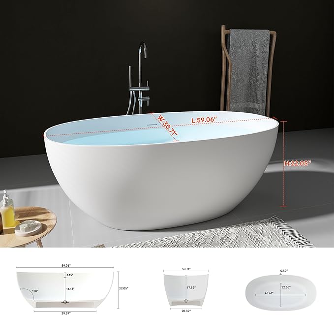 SJ STAR&JANE 59" Freestanding Solid Surface Bathtub, Oval Stone Resin Soaking Tub Stand Alone Tub with Pop-up Drain & Overflow Matte White