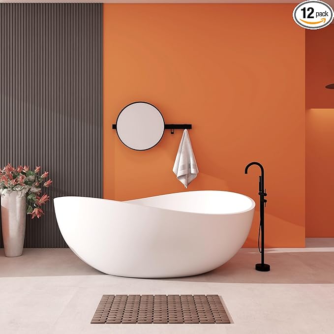 Premium Upgraded 63" Solid Surface Freestanding Bathtub, Unique Oval Stone Resin Tub with Overflow and Pop-up Drain, Matte White