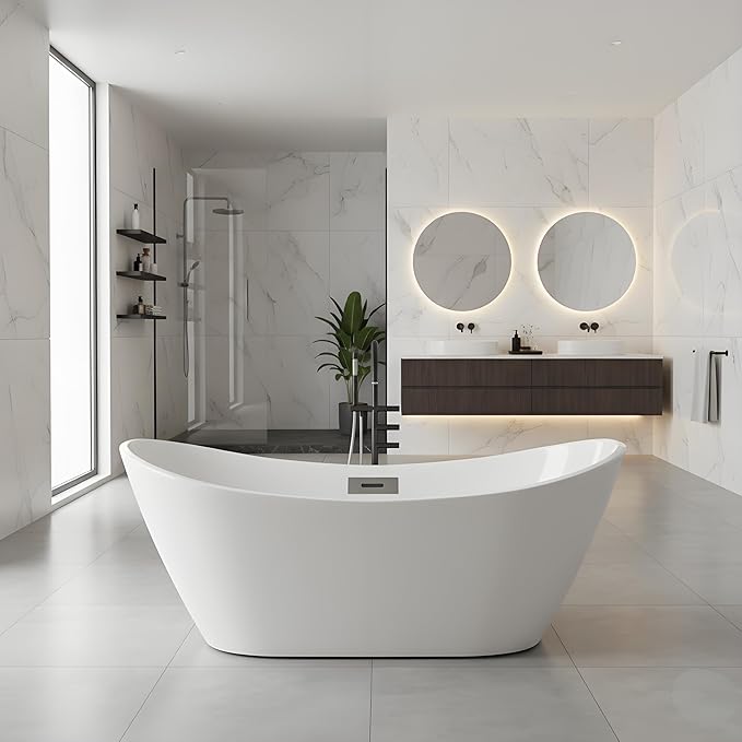 Freestanding Bathtubs 67 inch Acrylic Free Standing Soaking Tub, Luxury Soaking Tub with Integrated Overflow, Chrome Drain for Home Spa Bathroom Upgrade