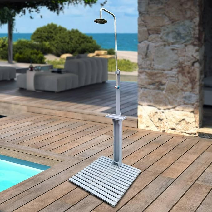 Outdoor Garden Pool Shower with Wooden Platform Base - Freestanding Poolside Shower Station with Adjustable Water Pressure Control, Solid Wood Chassis Board, 86.61" Tall, Gray
