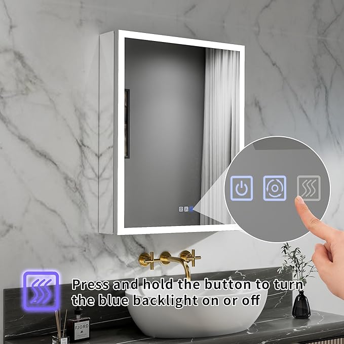 GroGro Lighted Medicine Cabinet with Mirror and Storage,24" W x 30" H LED Bathroom Medicine Cabinet with Mirror,Surface or Recessed Mounting,Defog,Dimming,3-Color Temperature,Left Opening Door