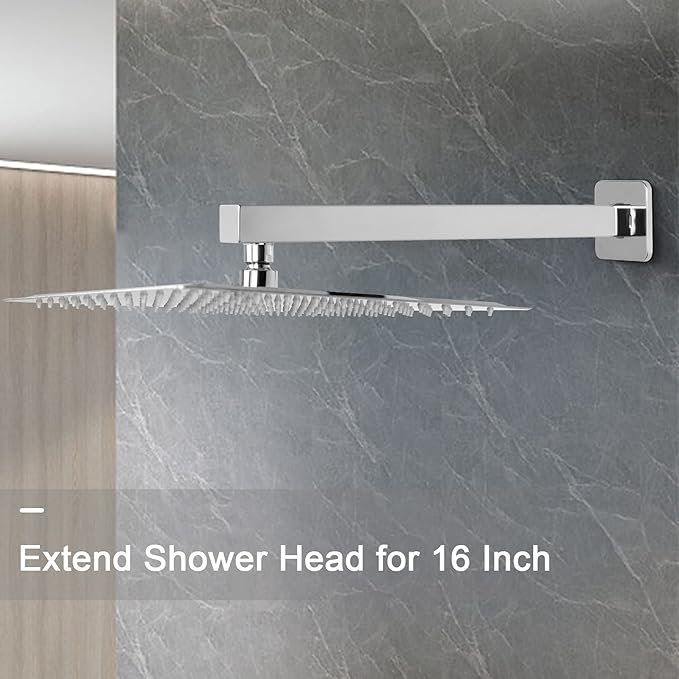 HarJue Shower Arm, Rain Shower Head Extension Extender, With Flange and Teflon Tape, Made of Thicken Stainless Steel for Bathroom Rainfall Shower (16 Inch, Chrome)
