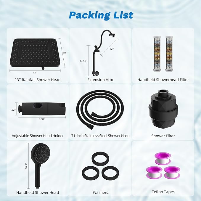Hibbent 5-spray Dual Filtered Rainfall Shower Head Combo, High Pressure 13'' Showerhead with 10 Spray Mode Handheld, Easy Reach 4-way Diverter Shower Arm with Pause Mode, 71'' Hose and Holder, Black
