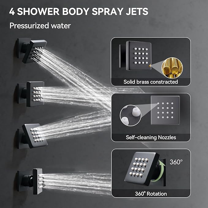 Shower System with Body Jets, Bostingner Four Modes Shower Faucet 10+6" Rain Shower Head with Handheld Spray 2 Ways, 4Pcs Shower Jets System in Wall Shower Faucet Sets Complete, Matte Black