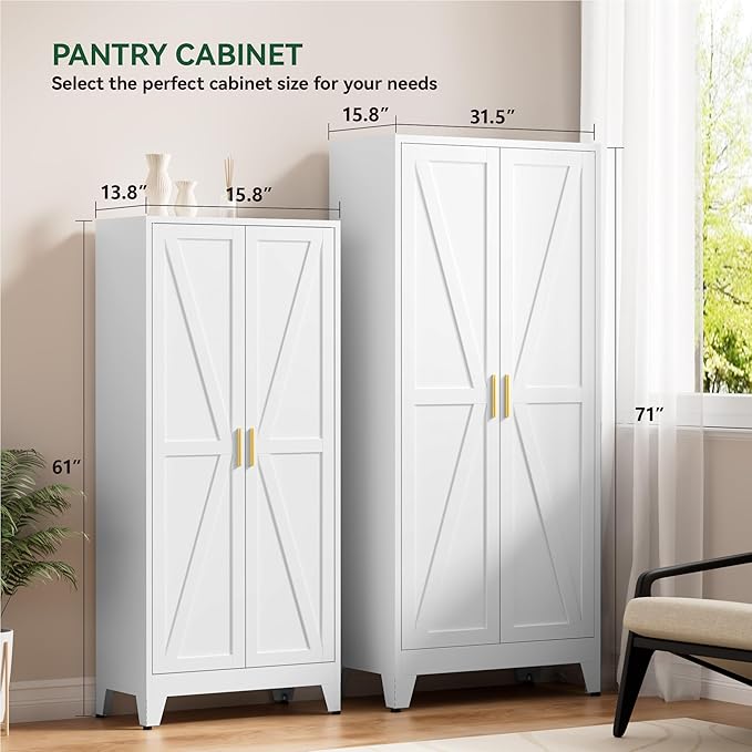 Metal Cabinets with Barn Doors and Adjustable Shelves,71" Tall Storage Cabinet,5-Tier Storage Cupboard for Kitchen,Dining Room,Garage,Bathroom,White