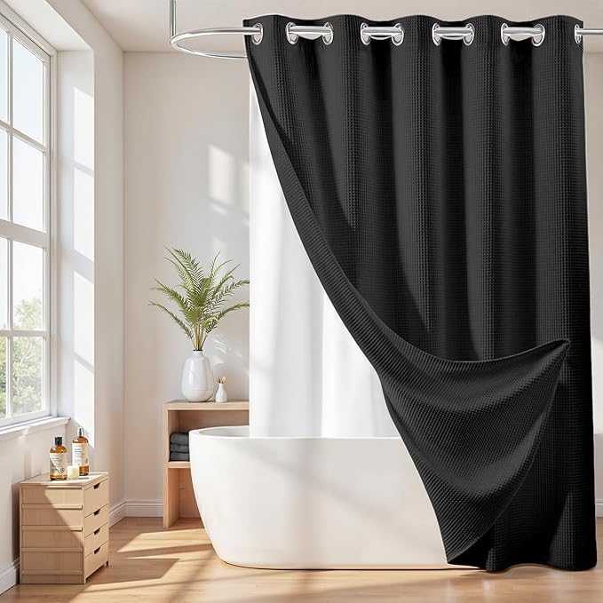 River Dream No Hook Cotton Blend Shower Curtain with Snap in Liner, Hotel Grade Shower Curtains for Bathroom, Water Repellent, Black, 71" Wx74 L