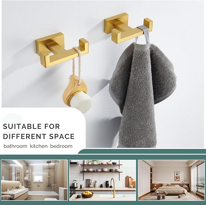 Angle Simple Double Towel Hook Brassy Gold 2 PCS, SUS304 Stainless Steel Bathroom Hand Towel Holder, Double Robe Hook for Wall