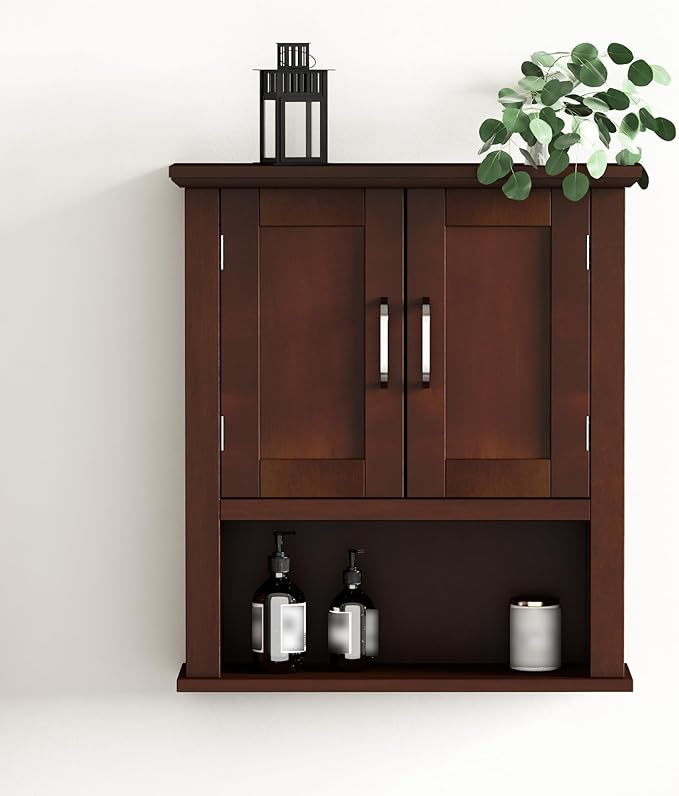 ChooChoo Wood Wall Cabinet with Doors, Medicine Cabinet with Adjustable Shelves Over The Toilet, Rustic Cabinet Wall Mounted for Bathroom, Kitchen, Living Room, Dark Cherry