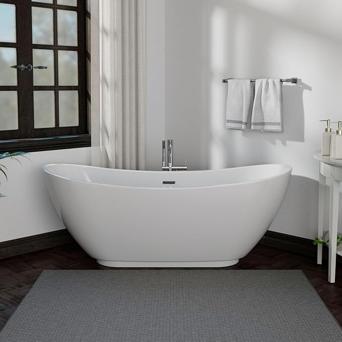 Empava 69" Freestanding Tub, Acrylic Contemporary Soaking White Tub with Drain and Overflow
