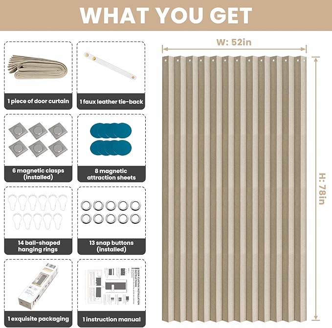 Accordian Door Curtain, 100% Blackout Folding Magnetic Doorway Curtains,Linen Style Closet Doors,for Room Divider,Privacy Protection（W52 x L78,Beige,1 Panel）