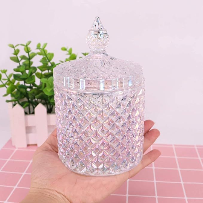 Colorful Home Decorative Jar Qtips Holder Dispenser Glass Storage Container Bathroom Counter Vanity Organizer for Bath Salts/Swabs/Rounds Makeup Sponges Toothpick Jewelry(Sparkling, 20 oz)
