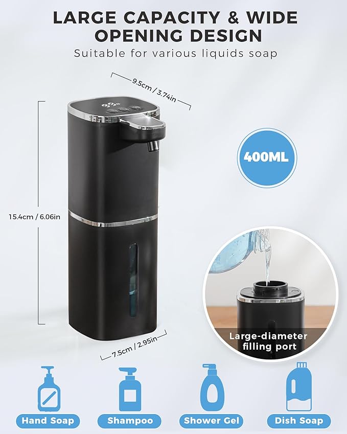 Automatic Liquid Soap Dispenser, 12.8oz Rechargeable, Adjustable Liquid Levels, IPX5 Waterproof, Touchless & Wall/Tabletop Use for Kitchen Bathroom, Black