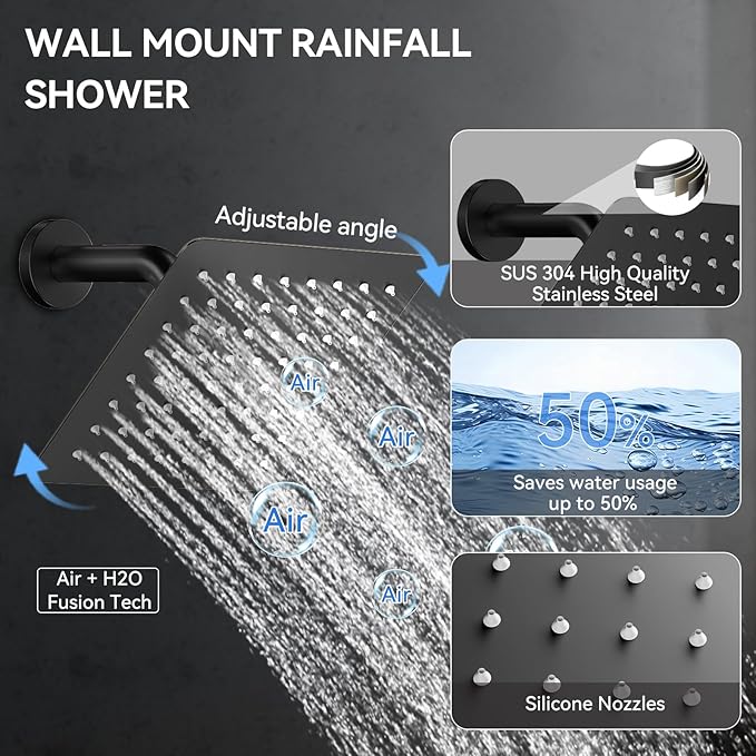Shower System with Body Jets, Bostingner Four Modes Shower Faucet 10+6" Rain Shower Head with Handheld Spray 2 Ways, 4Pcs Shower Jets System in Wall Shower Faucet Sets Complete, Matte Black