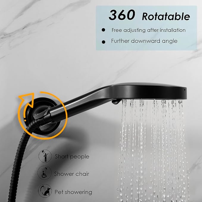 Hand held Showerhead Holder Wall Mounted with Suction Cup - Reusable- Wide Anlge Adustable Shower Hose Holder (Matte Black)
