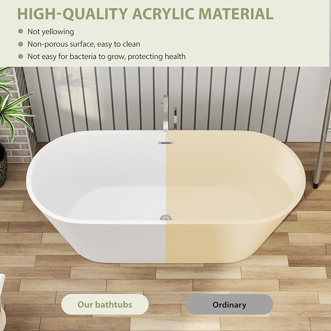 63" Acrylic Freestanding Bathtub - Mocoloo Modern Elegant Soaking Bathroom Tub Stand Alone, Matte White, Overflow and Stainless Offset Drain