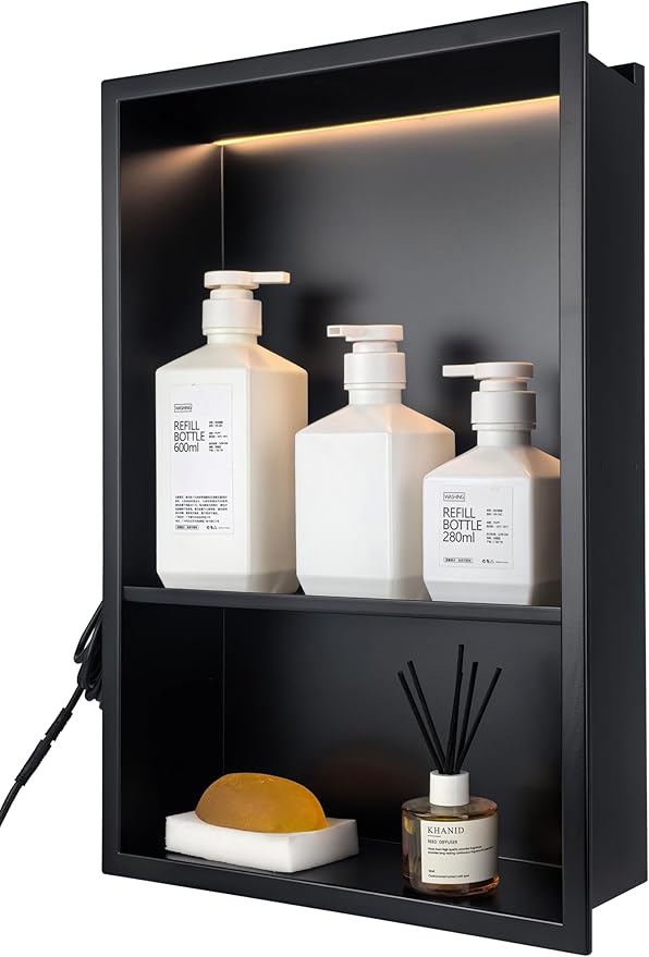Black LED Shower Niche Stainless Steel 304 for Bathroom Storage Lighting,No Tile Need Recessed Wall Double-Shelves for Waterproof Lighting and Storage，Matte Black, 18" * 12"