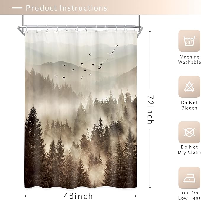 Riyidecor Foggy Mountain Shower Curtain 48Wx72H Inch RV Narrow Nature Scenery Tree Rustic Natural Woodland Alpine Landscape Modern Abstract Bathroom Decor Fabric Polyester Waterproof 8 Pack Hooks