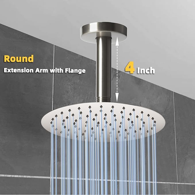 4 Inch Shower Arm with Flange, Ceiling Mounted Shower Head Extension Arm, 1/2 NPT Straight Arm for Rain Shower Head, Stainless Steel Shower Head Extension Replacement Pipe Arm, Brushed Nickel