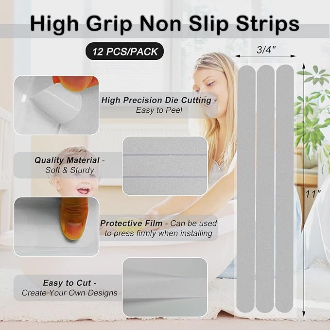 S&X Bathtub Non-Slip Stickers,Gritty Textured Slip-Resistant Treads,Pack of 12 – 0.75 x 11 Inches (Gray)