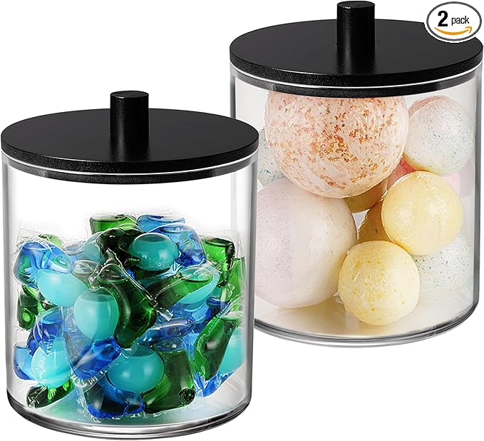 SheeChung 2 Pack 50 Oz Large Apothecary Jar with Bamboo Lid, Laundry Pods Container, Storage Jars for Bathroom Organization, Plastic Canisters with Cute Stickers Spoons(Black)
