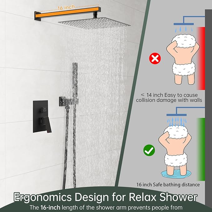 Hoimpro 12 Inch Shower Head System Set Bathroom Rain Mixer Shower Head 2 In 1 Handheld Sprayer Wall Mounted, Square Rainfall Shower Faucet Fixture Combo Valve Kits Brass Showerhead, Matte Black