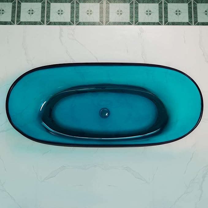 WOODBRIDGE 63" L x 28-3/8" W Transparent Blue Stone Resin Freestanding Soaking Tub with Double Ended Design