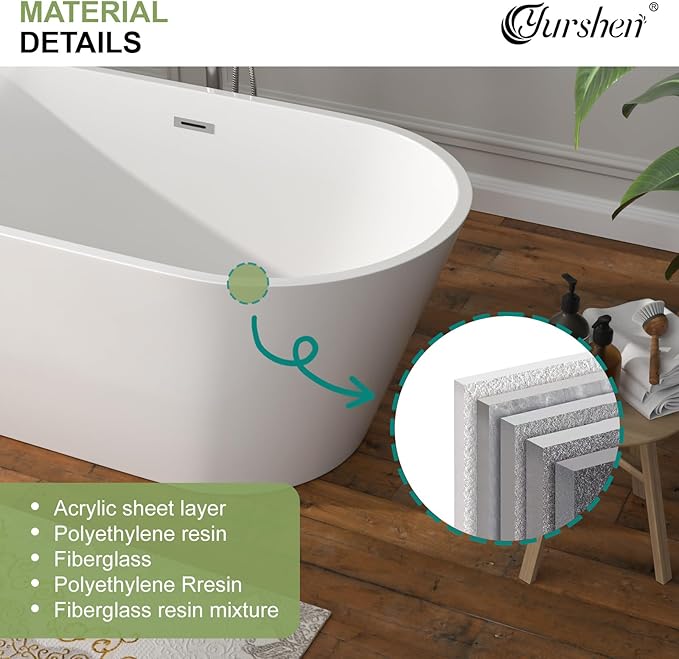 67 Inch Freestanding Acrylic Soaking Tub White Roll Top Bathtub with Chrome Drain Spa-Like Glossy Finish, YSB9223