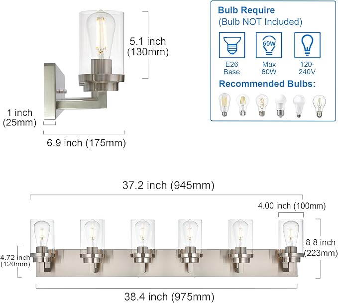 MELUCEE 6-Light Bathroom Lights Over Mirror in Brushed Nickel, Modern Industrial Vanity Lighting Fixture Indoor Wall Lights for Bath Kitchen Powder Room, Clear Glass Shade