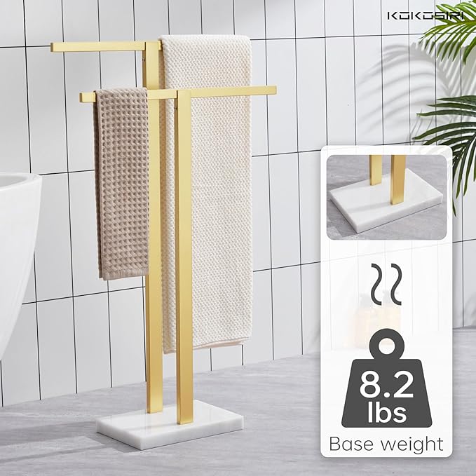 KOKOSIRI Bathroom Towel Rack 2-Tier Standing Towel Bars with Marble Base, Stainless Steel Freestanding Towels Holder, Thicken Steady Design, Brushed Gold THS0003-BG
