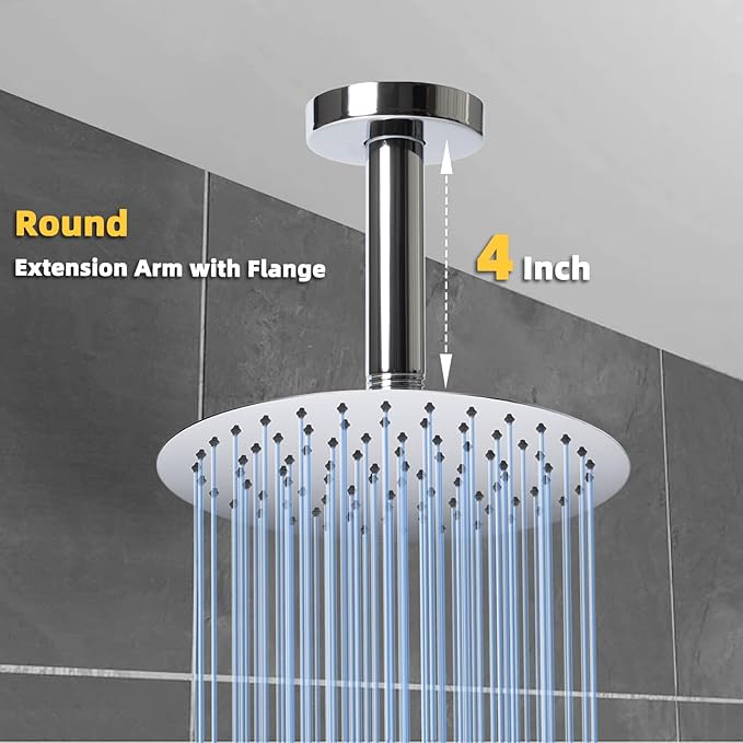 4 Inch Shower Arm with Flange, Ceiling Mounted Shower Head Extension Arm, 1/2 NPT Straight Arm for Rain Shower Head, Stainless Steel Shower Head Extension Replacement Pipe Arm,Chrome