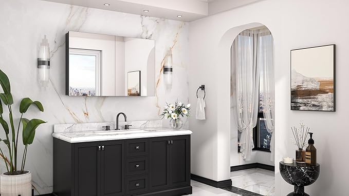 Keonjinn 40 x 26 Inch Medicine Cabinet, Assembly Required, Black Bathroom Medicine Cabinets Mirror, Lightweight, Adjustable Shelves, Surface Mount or Recessed, Tempered Glass