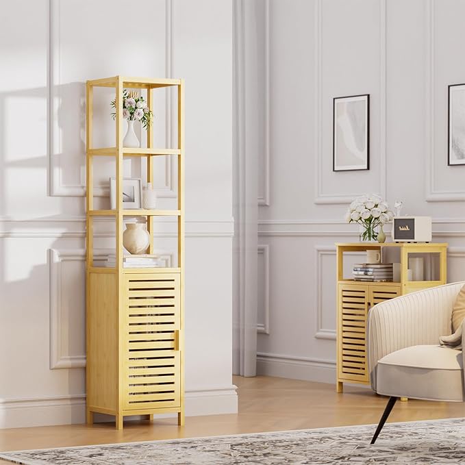 HITNET Bathroom Floor Cabinet, 6 Tier Tall Thin Linen Tower Storage Cabinet Free Standing Bamboo, Kitchen Side Organizer with 3 Shelves and Cupboard, Natural