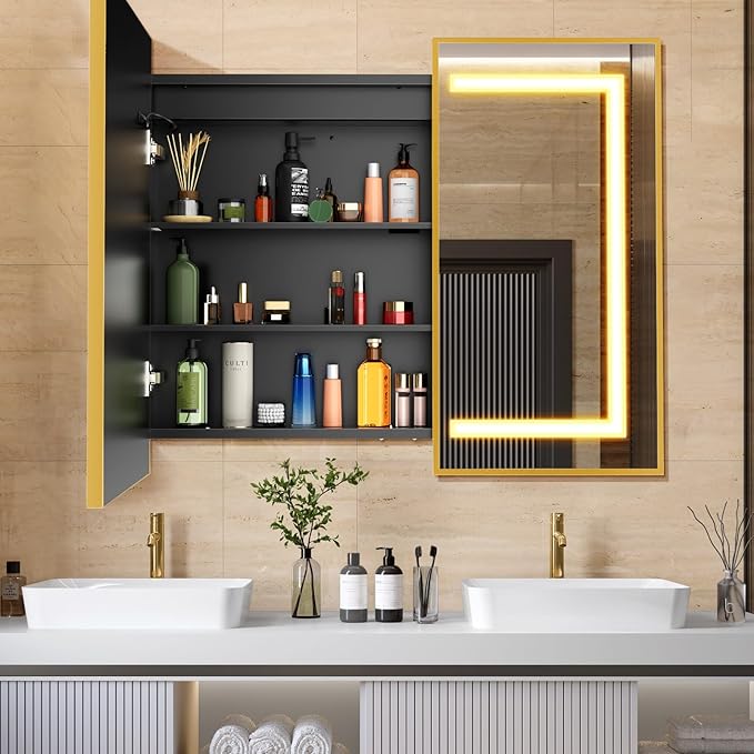 APRILSOUL 36X30 Inch Gold Bathroom Medicine Cabinet with Mirror, Recessed or Surface Lighted Medicine Cabinet with 3 Colors Temperature, Dimmable Light