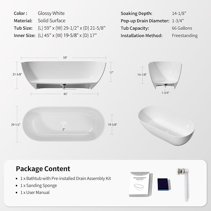 Abruzzo 59" Freestanding Bathtub Solid Surface - Oval Stone Resin Soaking Tub with Overflow & Pop-Up Drain, cUPC Certified Gloss White, Heavy Duty for Modern Bathroom