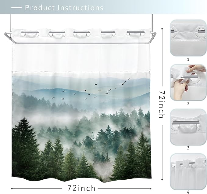 No Hook Green Shower Curtain with Snap in Fabric Liner，72Wx72H Inch Nature Mountain，Hookless Double Layer Shower Curtain and Liner Set，Pine Tree Scenery Waterproof Cloth Shower Curtains Washable
