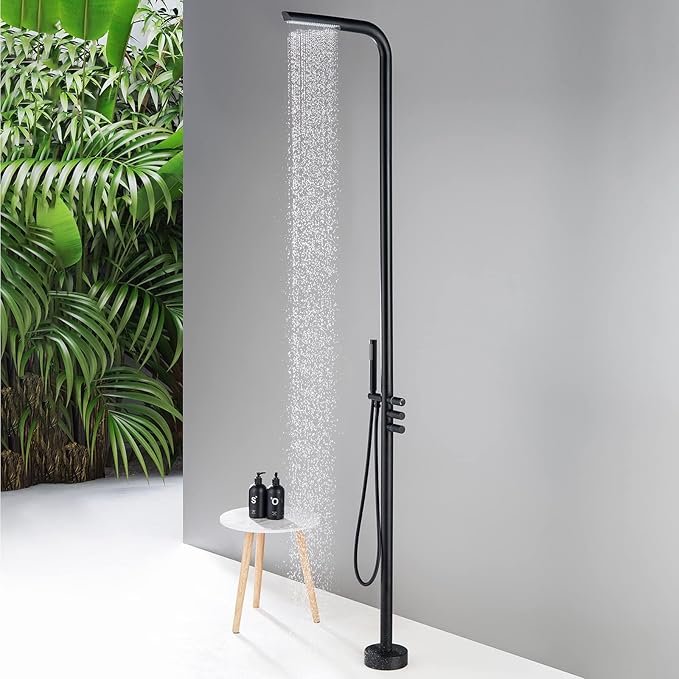 RBROHANT Outdoor Shower Brass Outside Shower Kit for Backyard Garden Pool Beach, Freestanding Outdoor Shower Fixtures with Overhead Shower Head and Handheld, Floor Mounted, Matte Black, RB0091