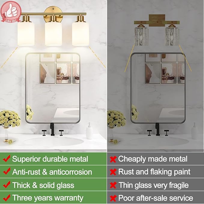 3-Light Bathroom Light Fixtures, Brushed Gold Vanity Light, Farmhouse Wall Lights with Milky White Frosted Glass Shades, Bathroom Wall Lamp for Mirror Kitchen Bedroom Hallway Living Room