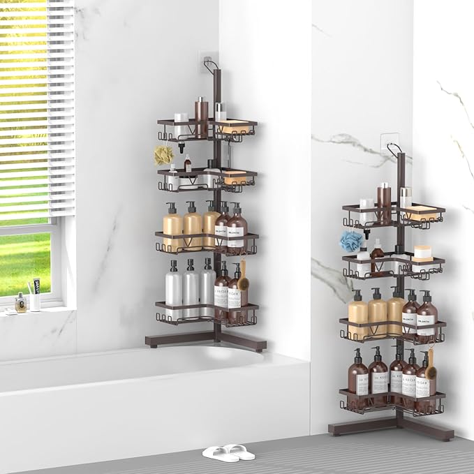 KEGII Floor Corner Shower Caddy Standing, Rustproof 4-Tier Shower Shelf Organizer with Hooks & Soap Holder, Free-Standing Bathroom Storage Rack for Shampoo & Toiletries, Bronze