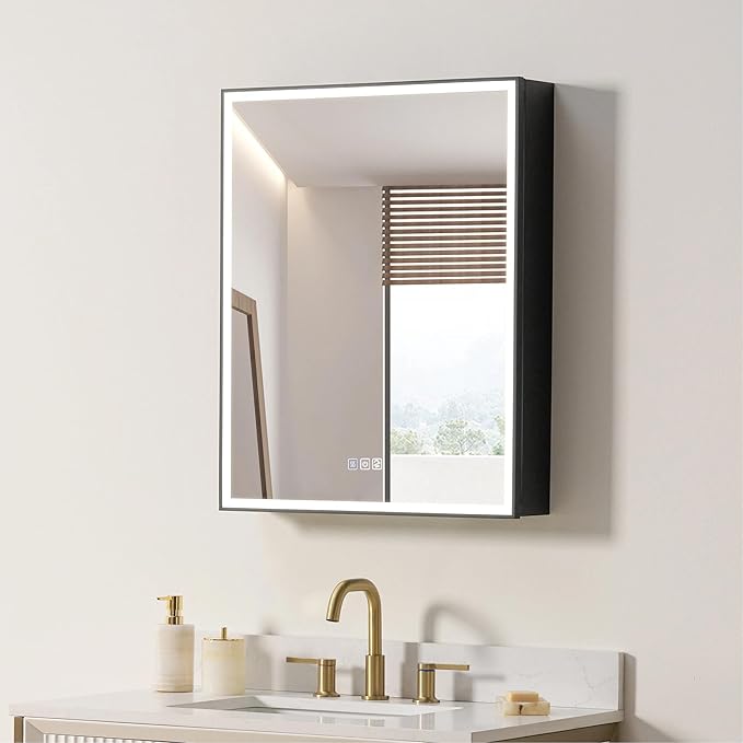 WELLFOR 24" X 30" LED Mirrored Medicine Cabinet, Medicine Cabinets with Lights for Bathroom, Defogging Function Mirror Cabinet, Bathroom Medicine Cabinet with USB Port & Outlet, Left Opening Doors
