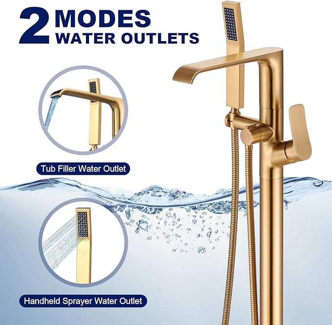Floor Mount Tub Faucet Gold: Freestanding Bathtub Faucet with Handheld Spray Head - Gold Tub Filler Shower Faucet Set 360 Degree Swivel Waterfall Spout - Beelee