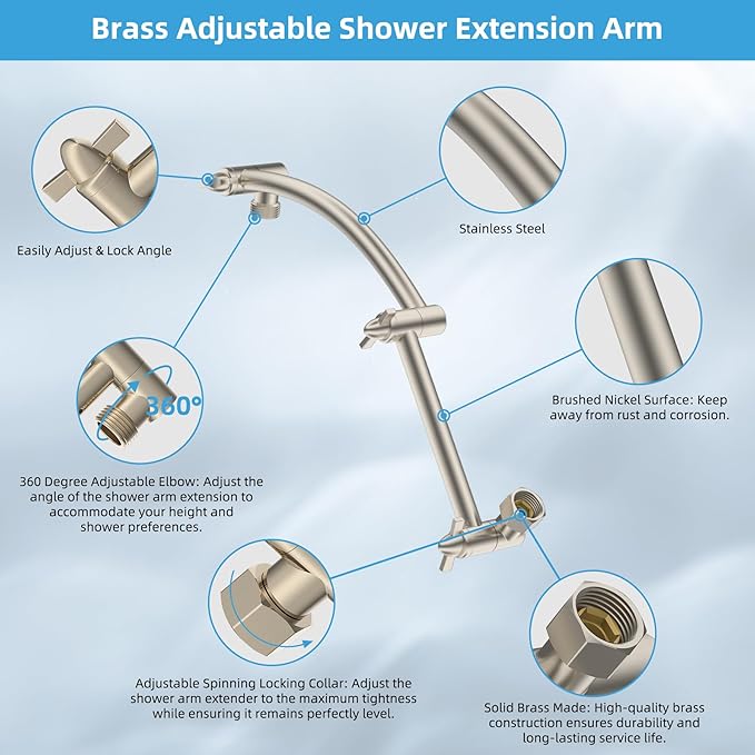 Hibbent All Metal Rain Filtered Shower Head, 12'' High Pressure Rainfall Showerhead with 16" Shower Extension Arm, 20 Stage Shower Filter, Solid Brass Adjustable Shower Arm Extender, Brushed Nickel
