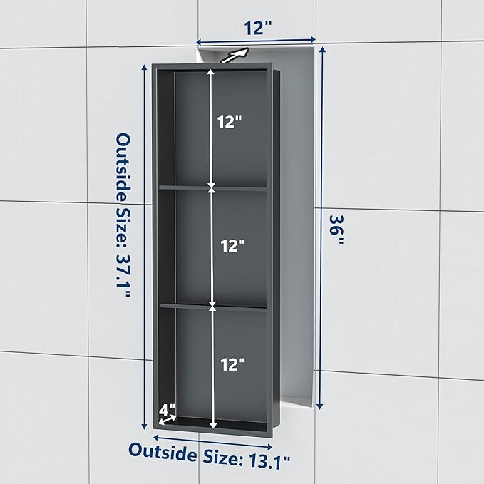 Neodrain 12X36 Inch Shower Niche, Gun Metal 3-Tier Stainless Wall Niche NO Tile Needed Recessed for Bathroom Storage Insert Shower Wall Cabinet Waterproof