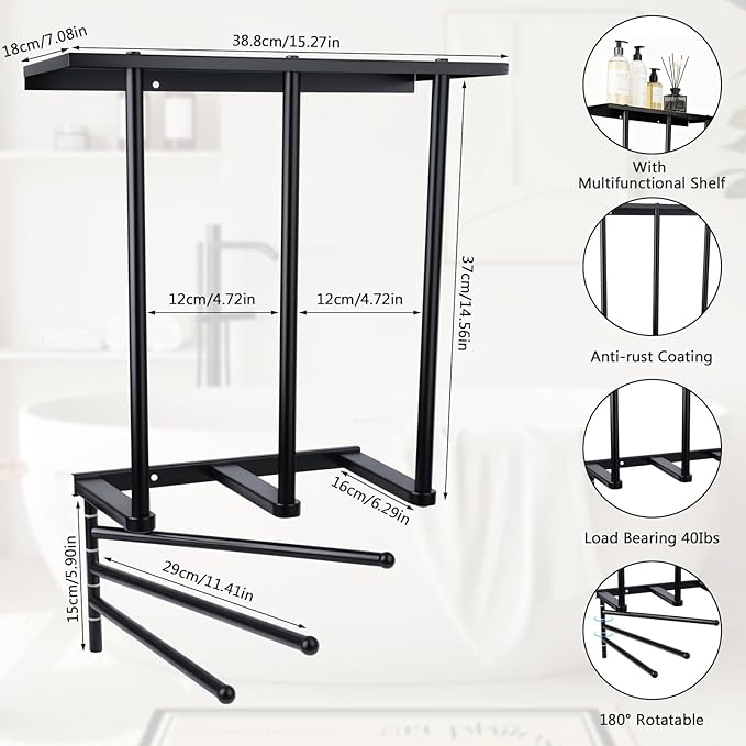 3-Tier Wall Mounted Towel Rack, Bathroom Storage Shelf with Towel Bar, Heavy-Duty Metal Organizer in Matte Black for Bathroom and Powder Room Storage and Organizer