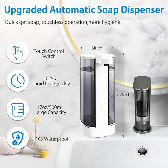 Automatic Liquid Soap Dispenser, Rechargeable,Touchless,17oz/500ml with 4 Adjustable Soap Levels, Wall Mount & Waterproof, Liquid Hand/Dish Soap Dispenser for Bathroom Kitchen