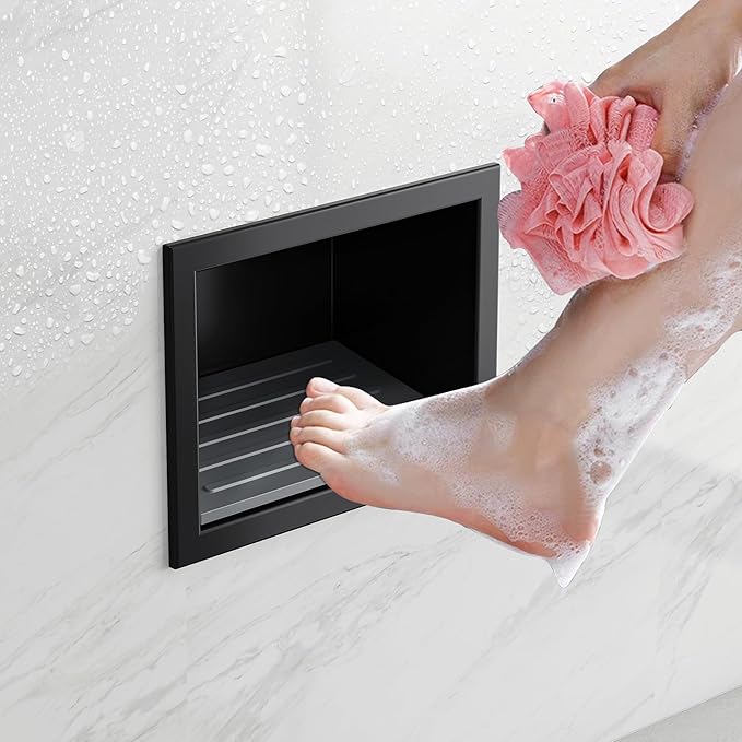 Shower Foot Rest for Shaving Legs, 304 Stainless Steel Footrest Niche with Shaving Holder, Recessed Shower Niche for Shaving Legs, Matte Black